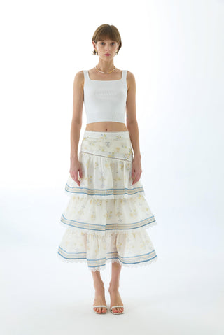 CYNTHIA SILK TIERED MIDI SKIRT