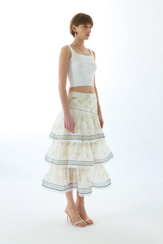 CYNTHIA SILK TIERED MIDI SKIRT