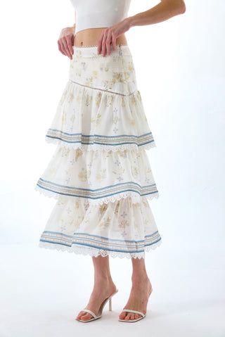 CYNTHIA SILK TIERED MIDI SKIRT