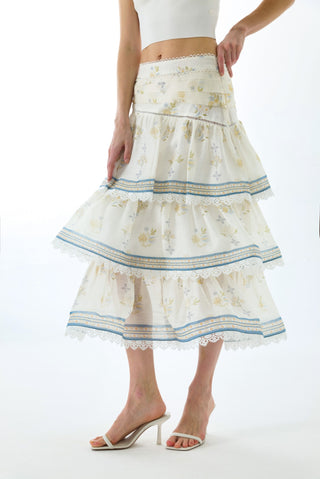 CYNTHIA SILK TIERED MIDI SKIRT