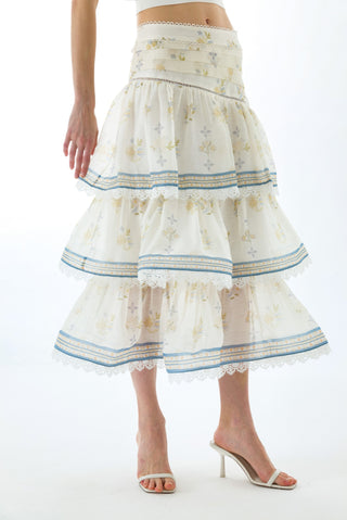 CYNTHIA SILK TIERED MIDI SKIRT
