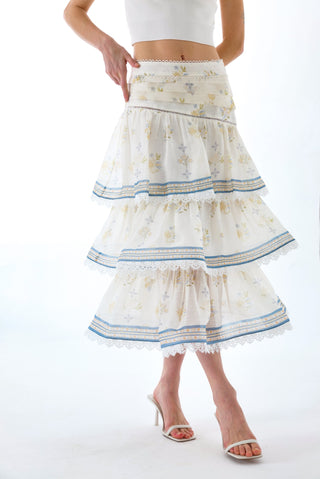 CYNTHIA SILK TIERED MIDI SKIRT