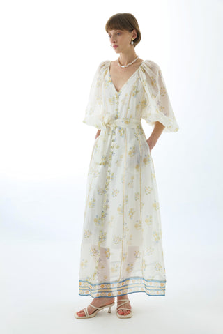 CYNTHIA SILK PUFF SLEEVE MAXI DRESS